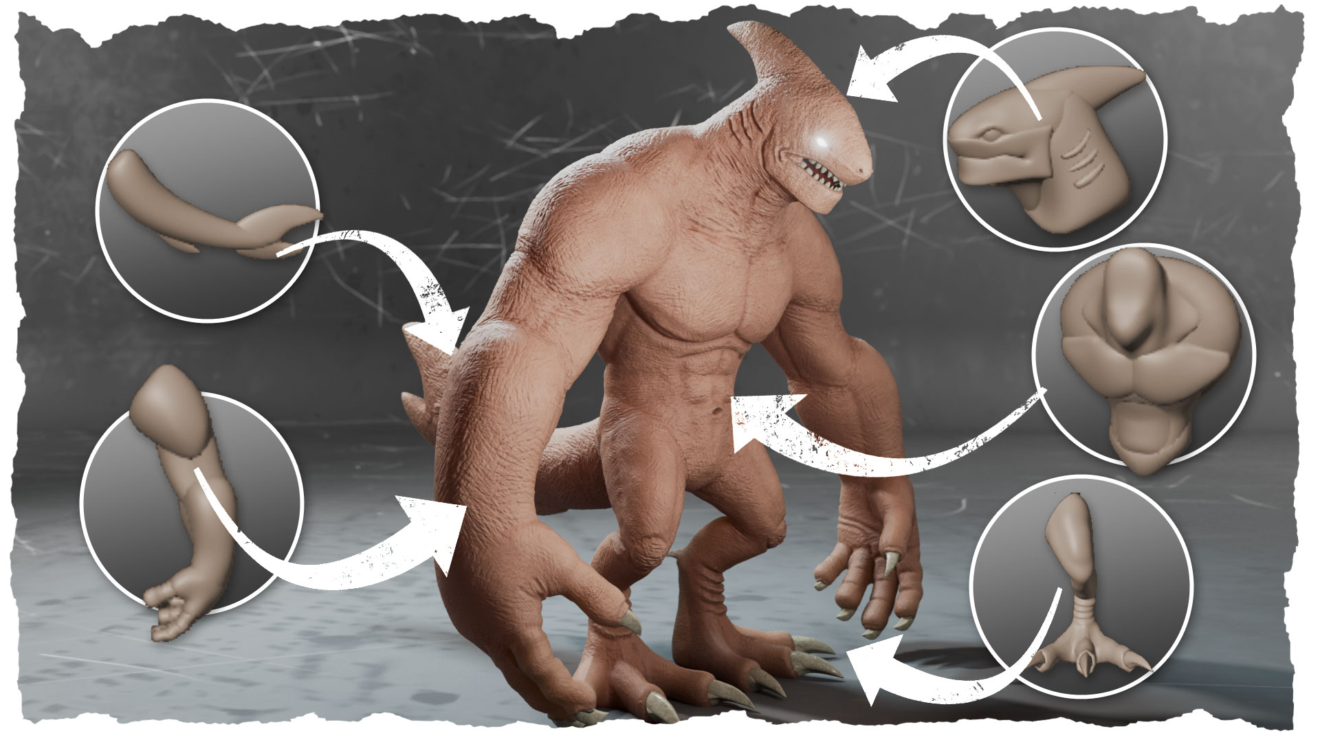 Creature parts assembled and refined into a finished sculpt