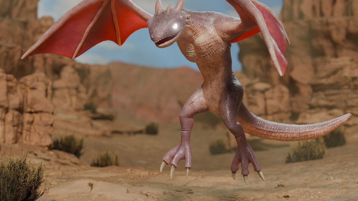 A horned dragon with red wings, clawed feet and a long tail, hovering in a rocky desert