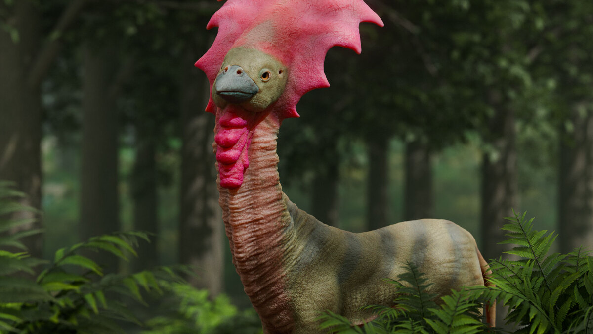 A long-necked creature with a bright pink head crest standing among forest ferns