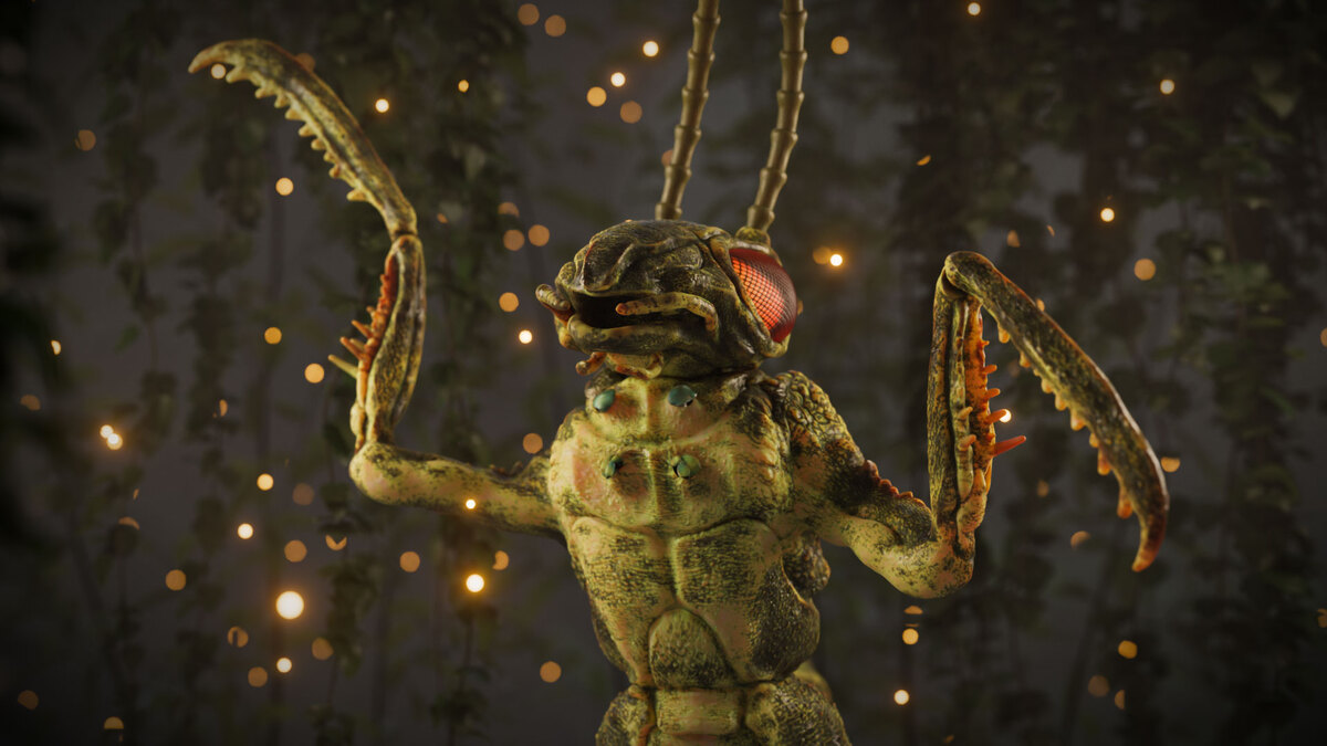 A green insect creature with huge hooked claws and red compound eyes, rendered in a glowing forest