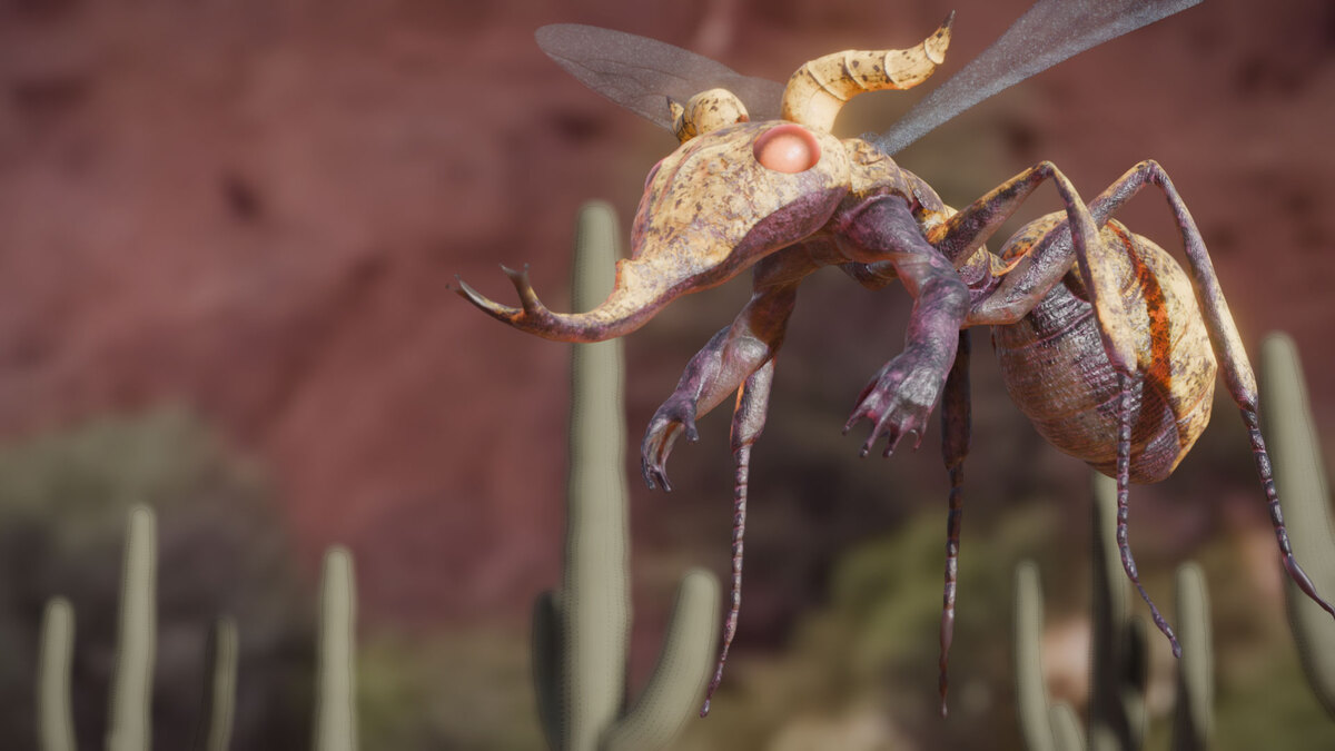 A winged insect creature with a long curved snout, horns and clawed arms, hovering above desert cacti